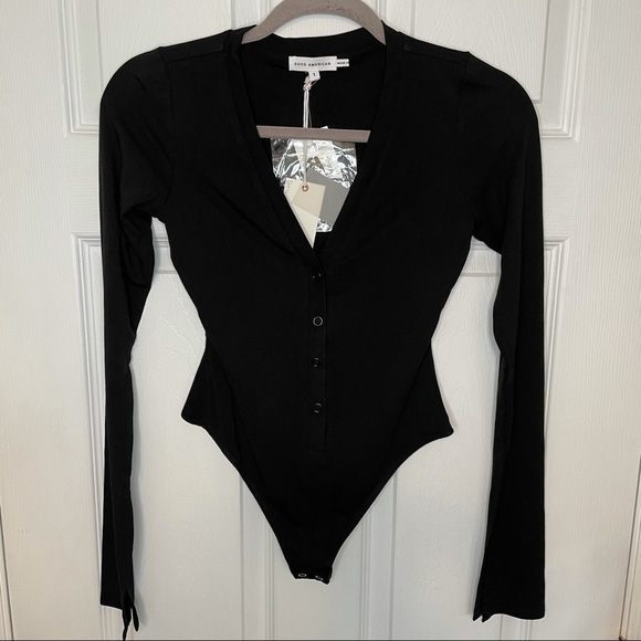 GOOD American NWT Deep V Henley Black Bodysuit 1 - Picture 4 of 10